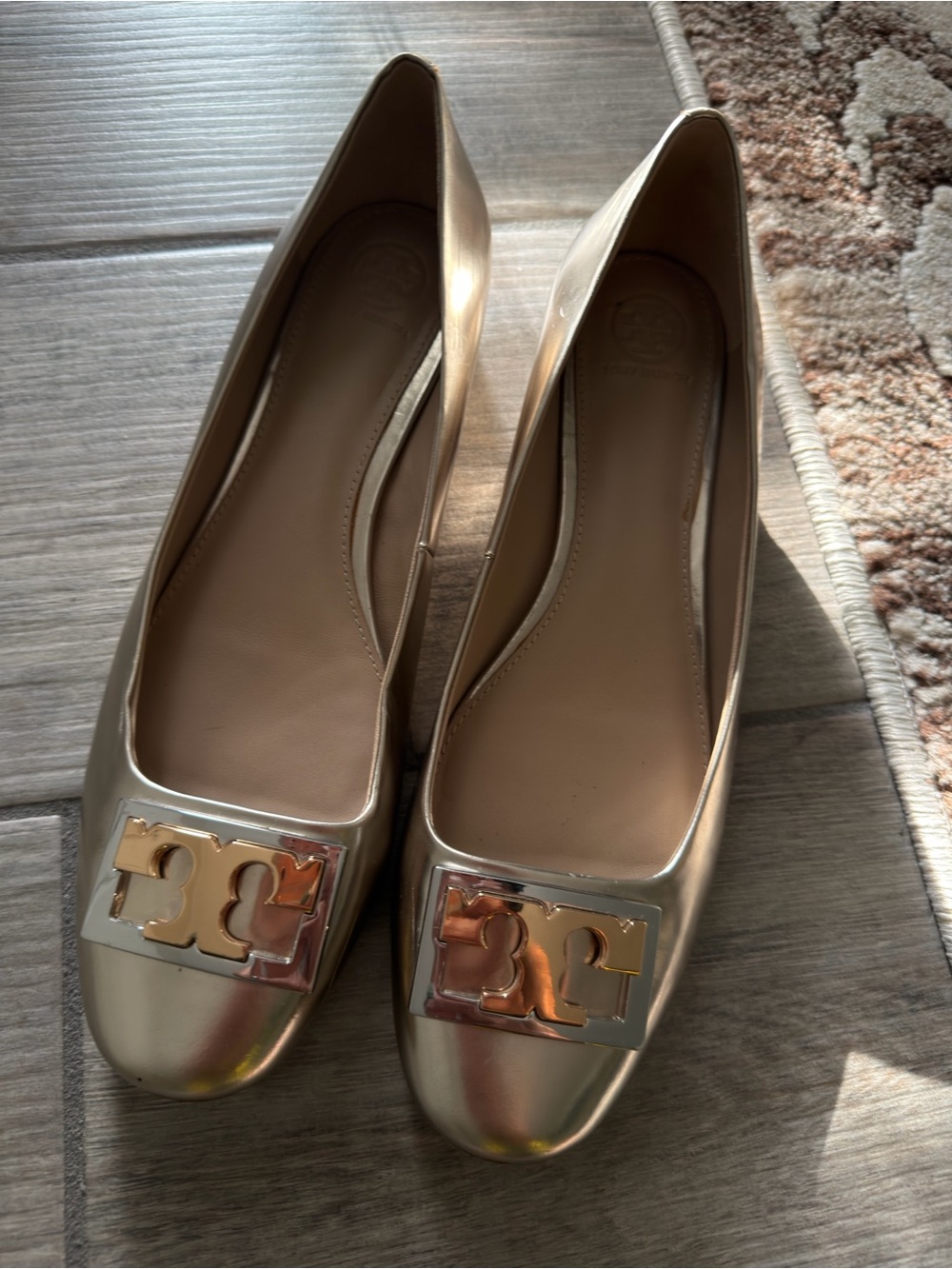 Tory Burch Metallic Gold Logo Square-Toe Flats